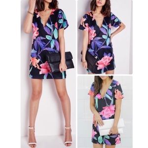 MIDI V-NECK SHIFT DRESS SIZE S BLACK FLORAL TROPICAL PINK PURPLE MISSGUIDED H…